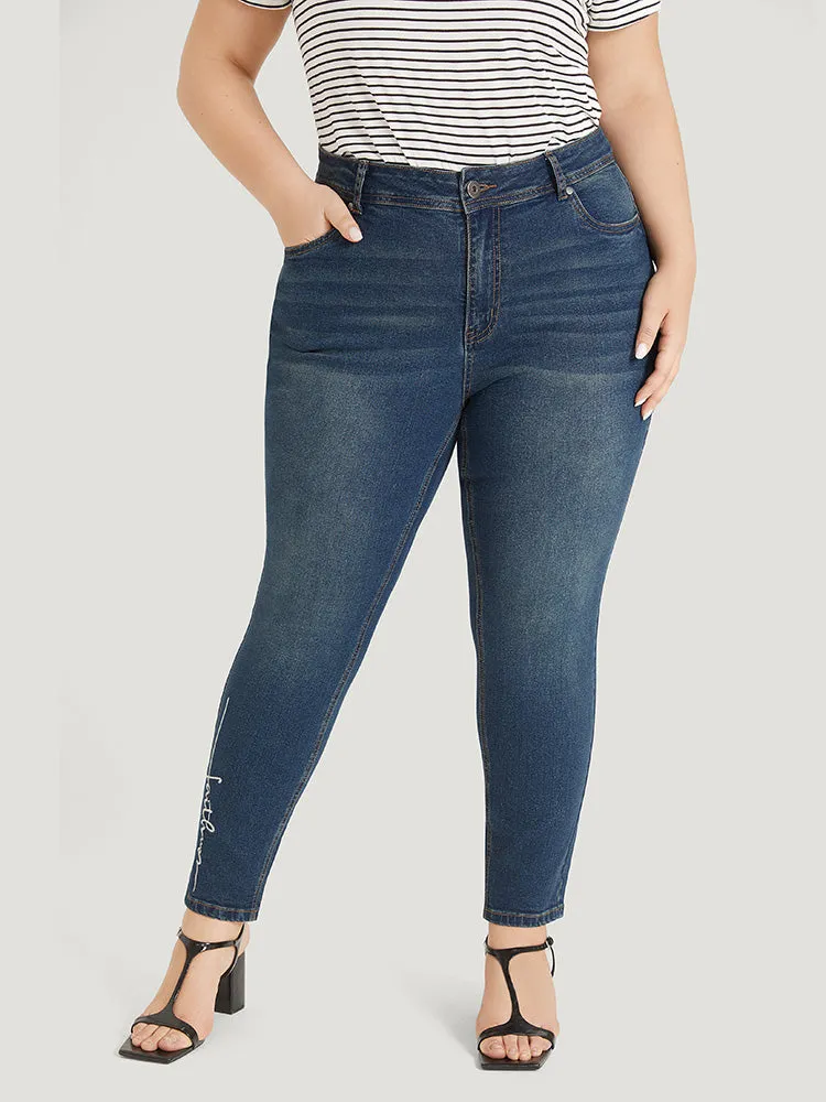 Faith Letter Embroidered High Rise Medium Wash Jeans sold by Bloomchic product image thumbnail 3