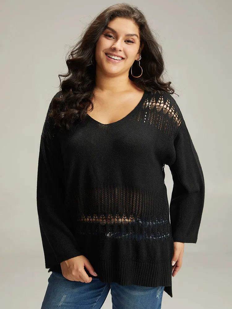 Solid Hollow Out Split V Neck Pullover sold by Bloomchic product image thumbnail 3