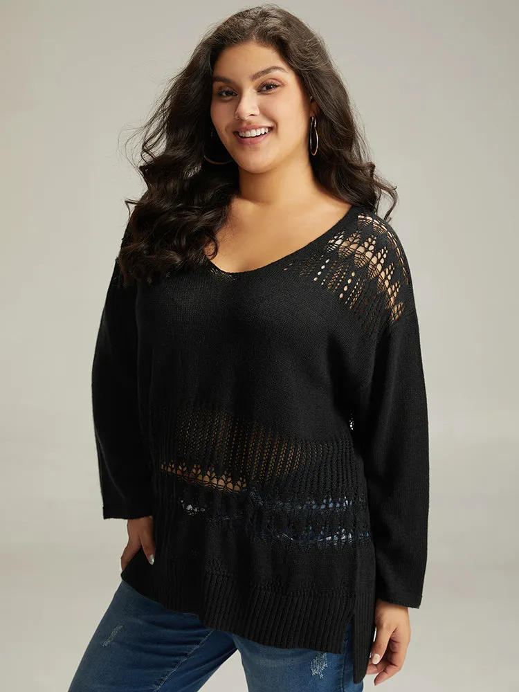 Solid Hollow Out Split V Neck Pullover sold by Bloomchic product image thumbnail 4