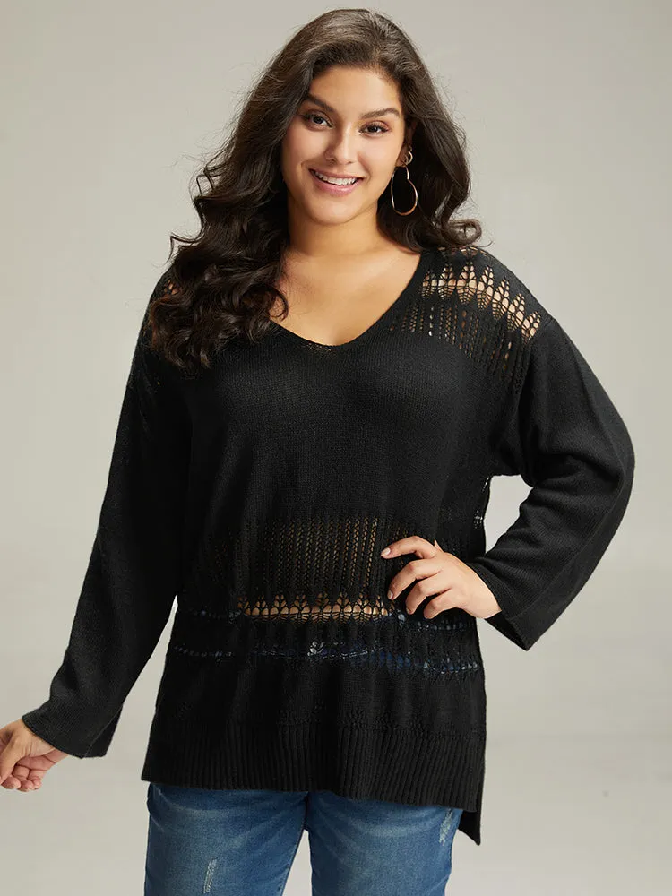 Solid Hollow Out Split V Neck Pullover sold by Bloomchic
