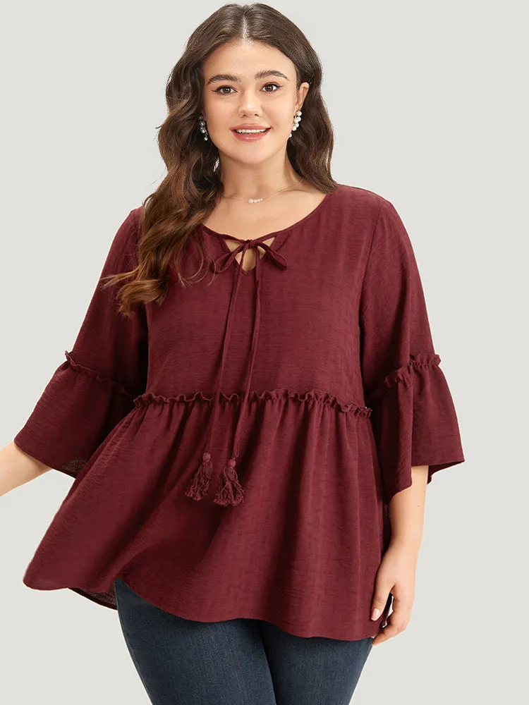 Plain V Neck Frill Trim Tassel Bell Hem Blouse sold by Bloomchic product image thumbnail 5