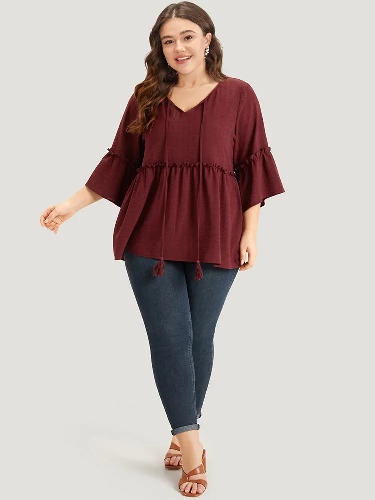 Plain V Neck Frill Trim Tassel Bell Hem Blouse sold by Bloomchic product image thumbnail 4