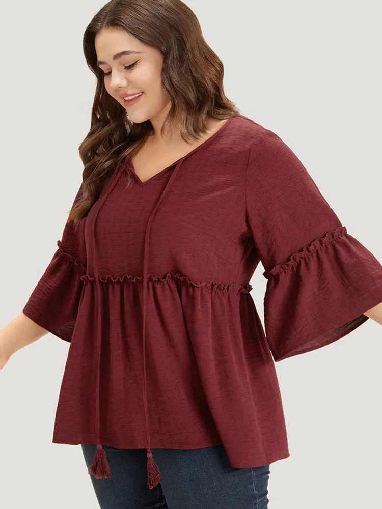 Plain V Neck Frill Trim Tassel Bell Hem Blouse sold by Bloomchic product image thumbnail 2