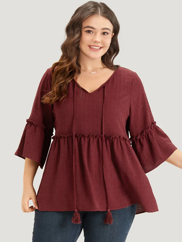 Plain V Neck Frill Trim Tassel Bell Hem Blouse sold by Bloomchic