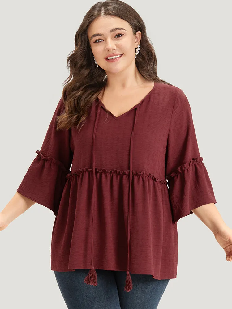 Plain V Neck Frill Trim Tassel Bell Hem Blouse sold by Bloomchic product image thumbnail 3