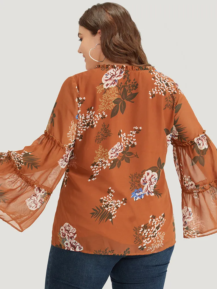 Floral Print Knot Neck Frill Trim Mesh Bell Sleeve Blouse sold by Bloomchic product image thumbnail 5