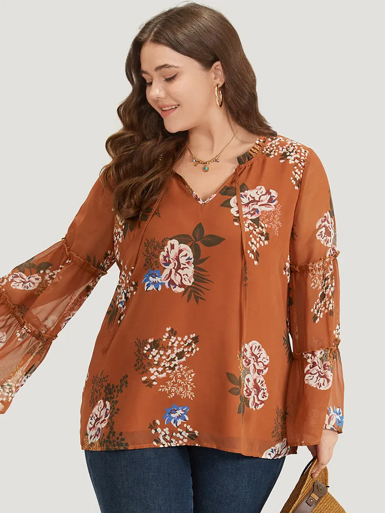 Floral Print Knot Neck Frill Trim Mesh Bell Sleeve Blouse sold by Bloomchic product image thumbnail 2