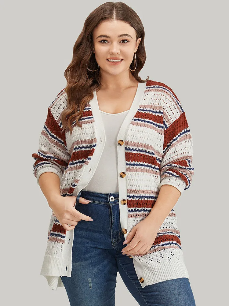 Striped Contrast Pointelle Knit Button Through Cardigan sold by Bloomchic