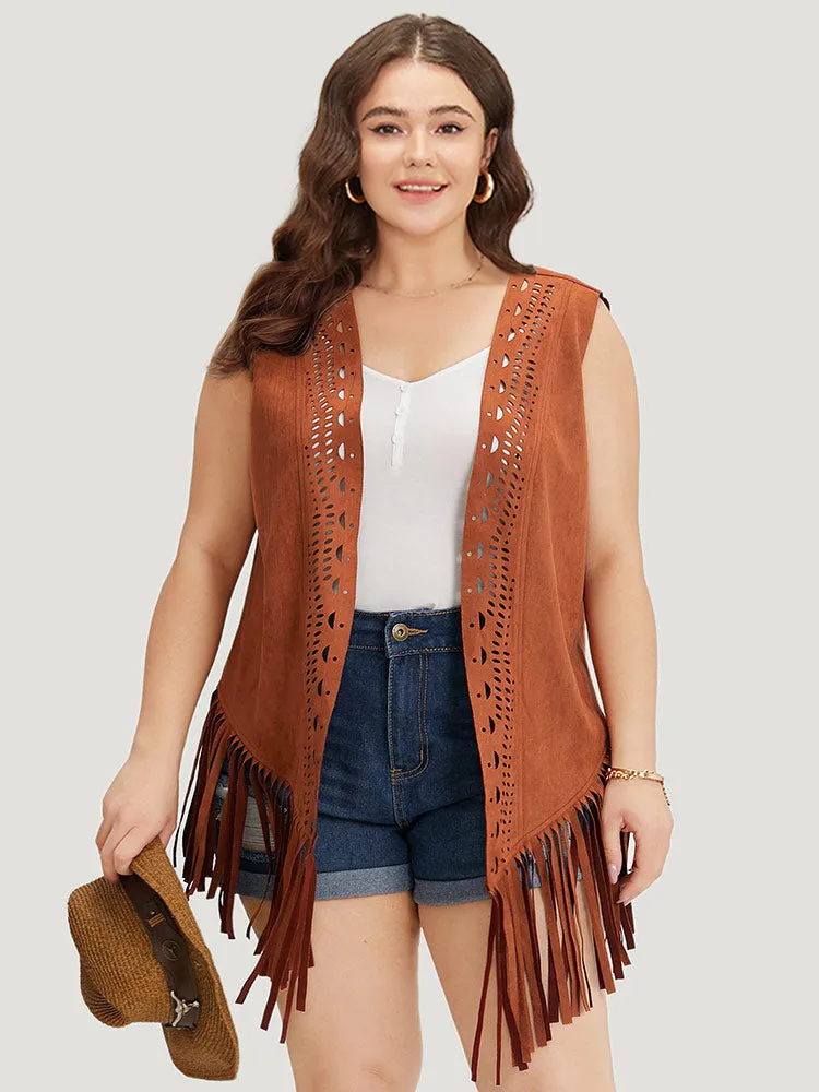 Plain Laser Cut Tassel Trim Sleeveless Kimono sold by Bloomchic