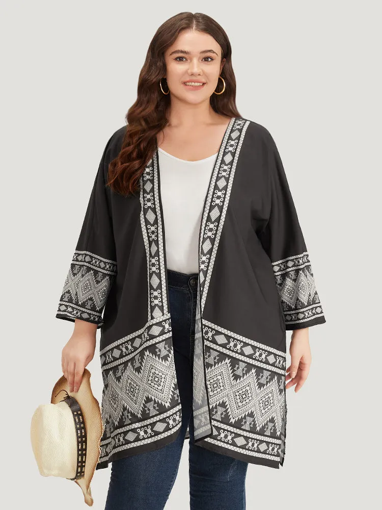 Boho Print Open Front Pocket Split Hem Kimono sold by Bloomchic