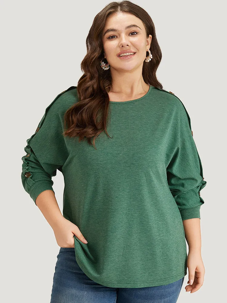 Solid Round Neck Button Detail Dolman Sleeve Sweatshirt sold by Bloomchic