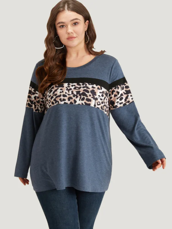 Leopard Heather Patchwork Crew Neck T-shirt sold by Bloomchic