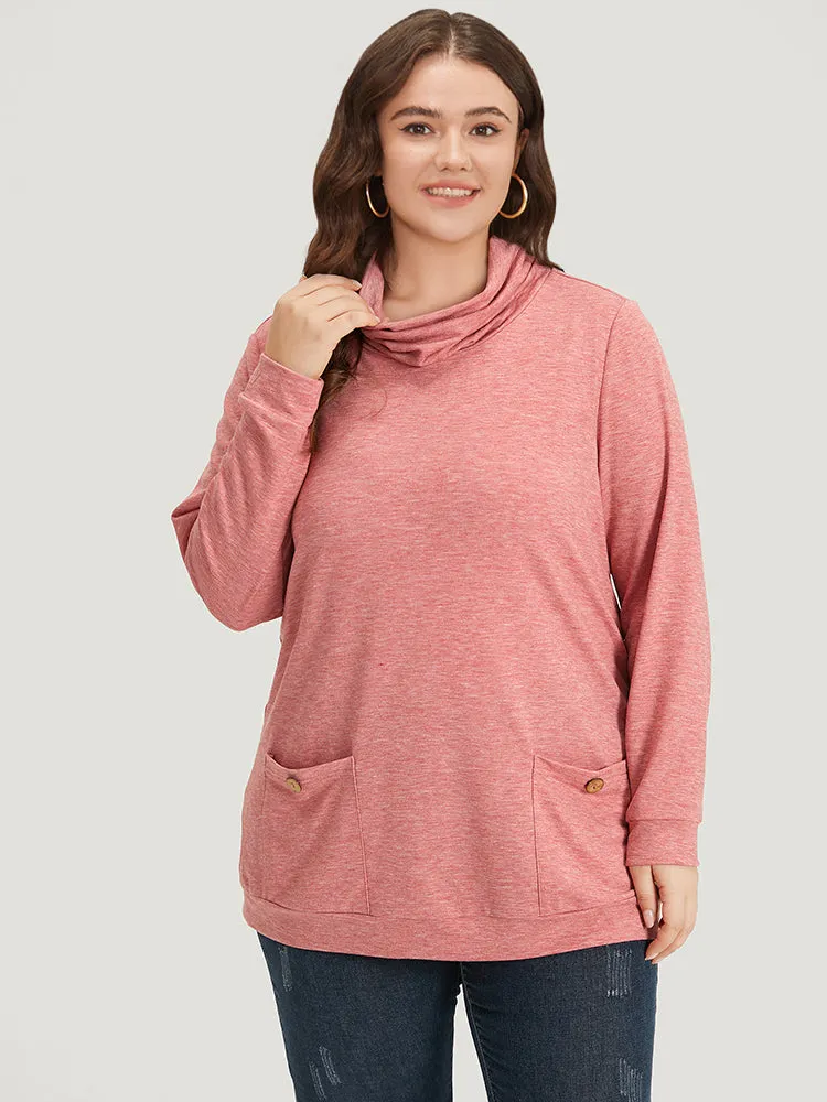 Plain Heather Turtleneck Pocket Button Detail Sweatshirt sold by Bloomchic