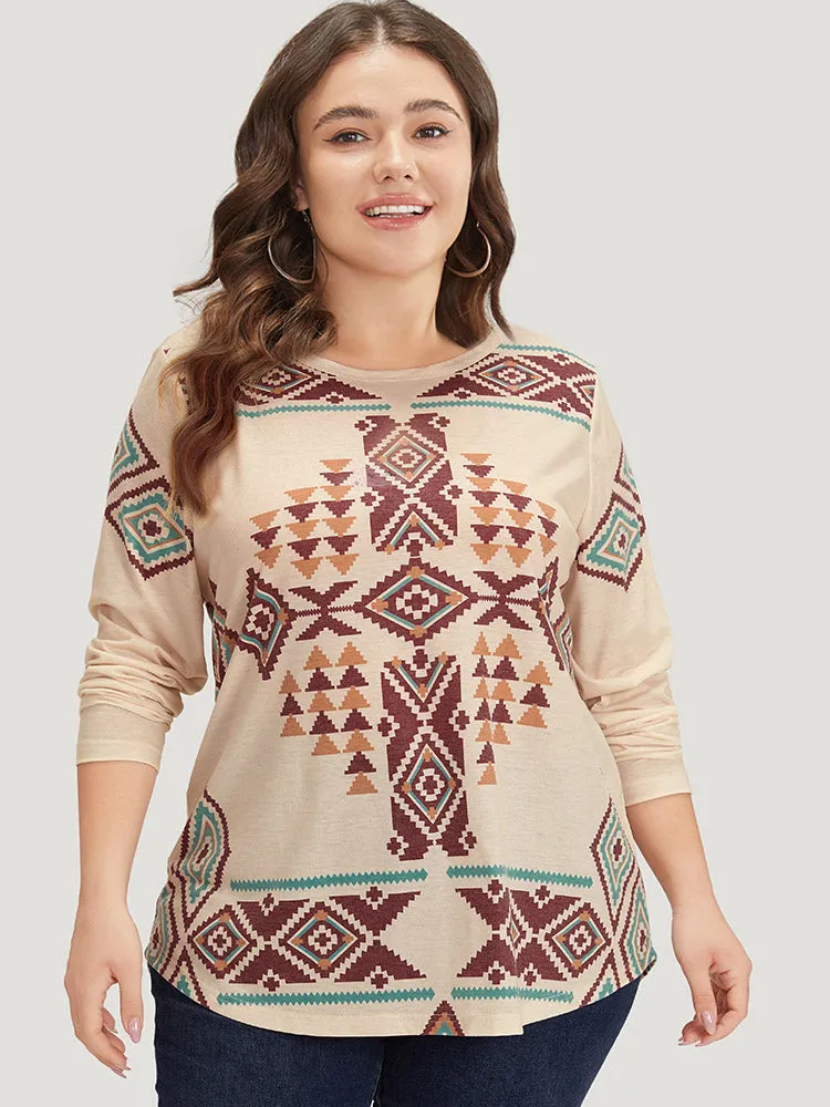 Boho Print Crew Neck Curved Hem T-shirt sold by Bloomchic