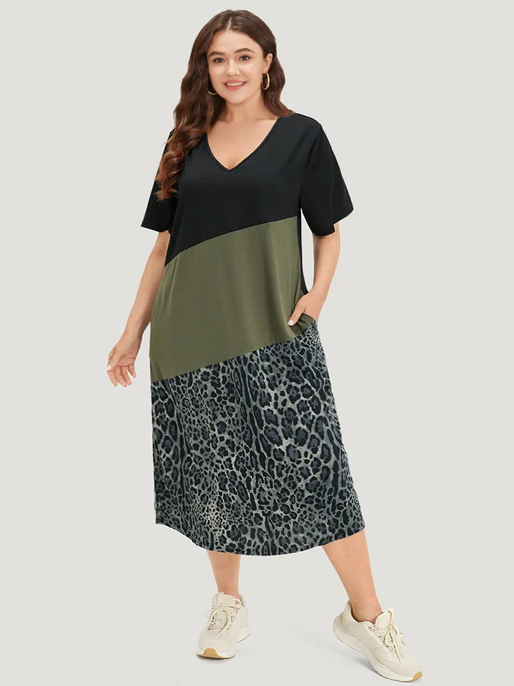 Supersoft Essentials Leopard Patchwork Contrast Pocket Split Hem Dress sold by Bloomchic