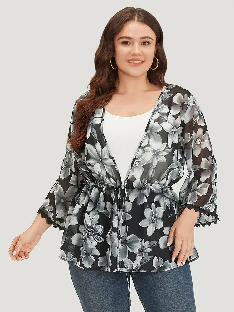 Floral Print Ties Front Crochet Lace Kimono sold by Bloomchic