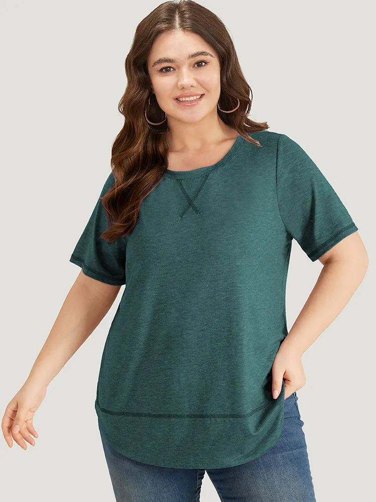 Contrast Stitch Round Neck Curved Hem T-shirt sold by Bloomchic