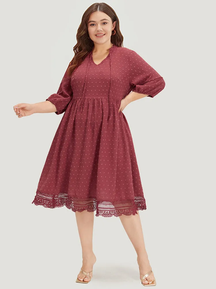 Plain Pocket Lantern Sleeve Knot Neck Lace Panel Dress sold by Bloomchic product image thumbnail 2
