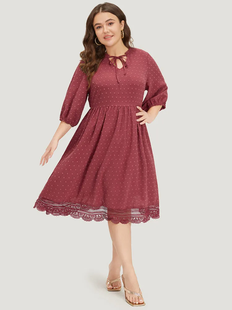Plain Pocket Lantern Sleeve Knot Neck Lace Panel Dress sold by Bloomchic