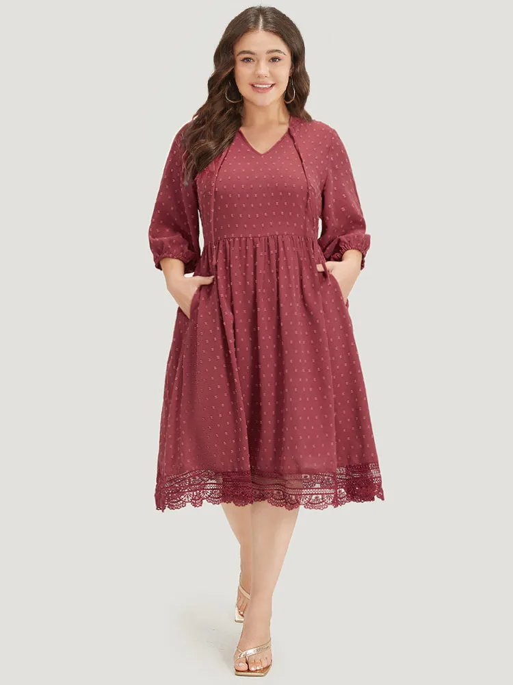 Plain Pocket Lantern Sleeve Knot Neck Lace Panel Dress sold by Bloomchic product image thumbnail 3