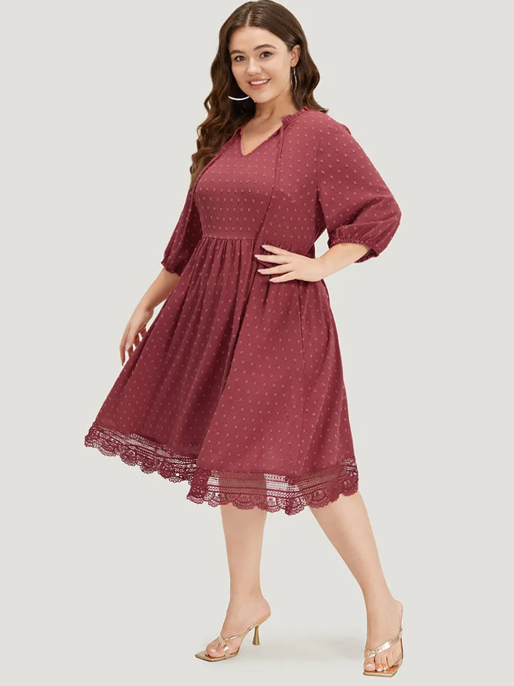 Plain Pocket Lantern Sleeve Knot Neck Lace Panel Dress sold by Bloomchic product image thumbnail 5