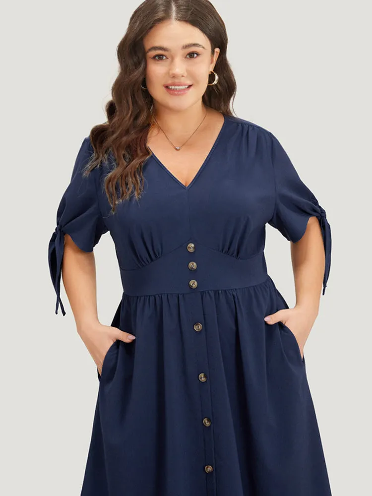 Plain Pocket Button Detail V Neck Plicated Knot Dress sold by Bloomchic product image thumbnail 5