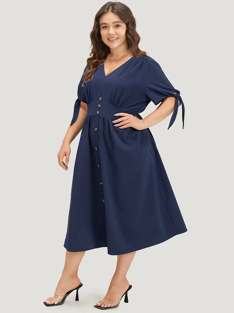 Plain Pocket Button Detail V Neck Plicated Knot Dress sold by Bloomchic product image thumbnail 2