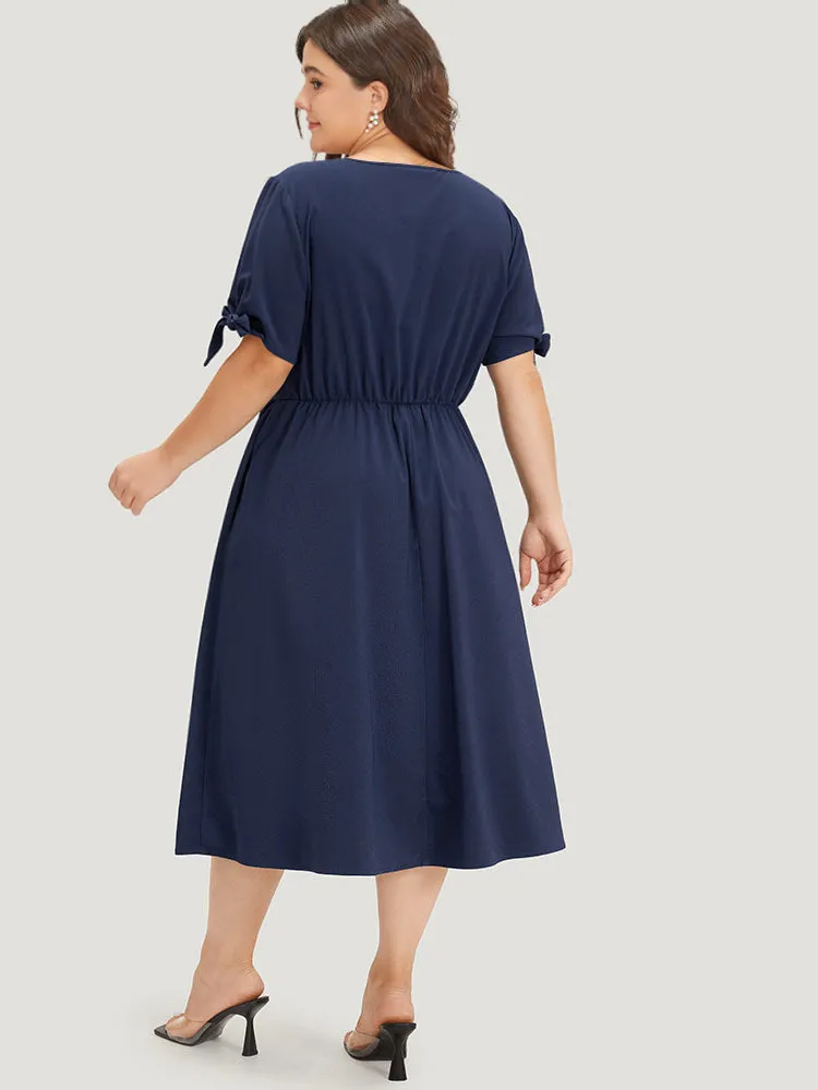 Plain Pocket Button Detail V Neck Plicated Knot Dress sold by Bloomchic product image thumbnail 3