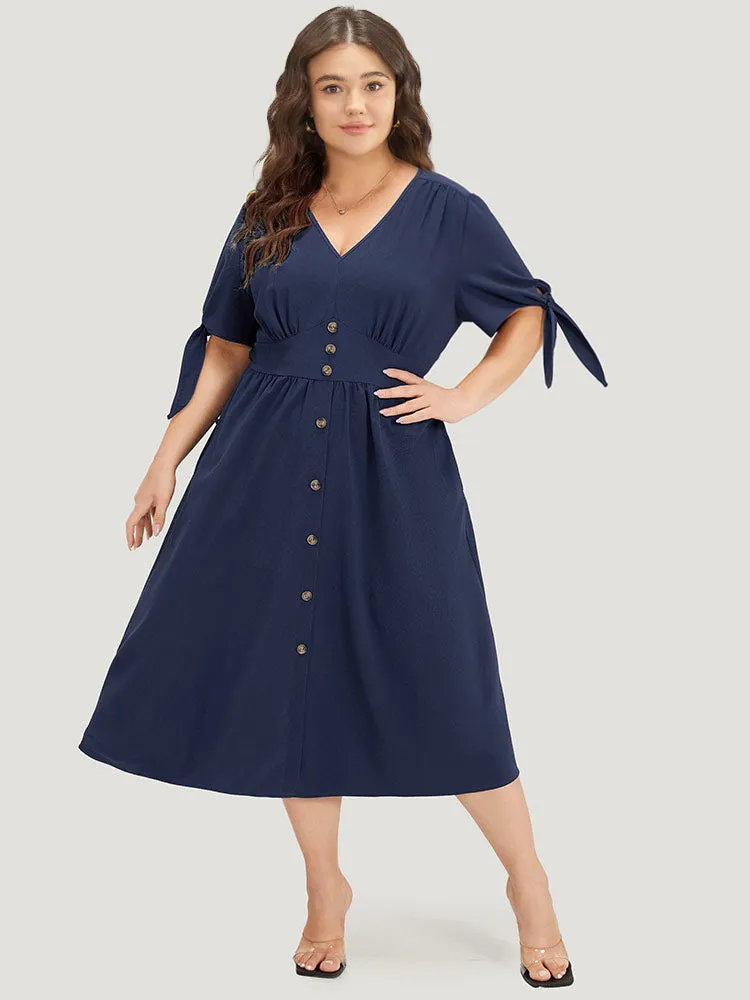 Plain Pocket Button Detail V Neck Plicated Knot Dress sold by Bloomchic product image thumbnail 4