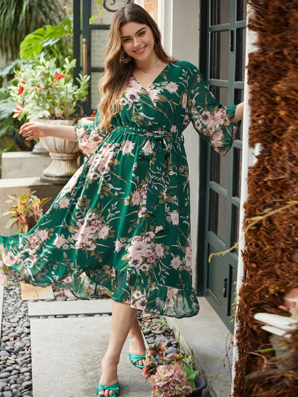 Floral Print Surplice Neck Belted Dress sold by Bloomchic