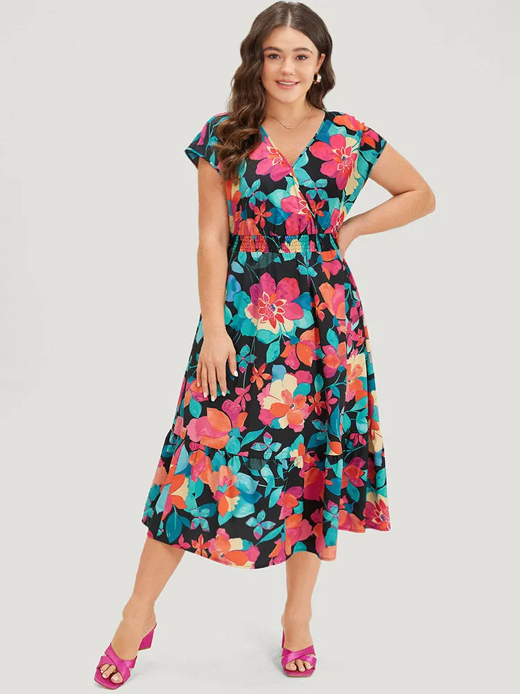 Floral Shirred Overlap Collar Batwing Sleeve Dress sold by Bloomchic product image thumbnail 3