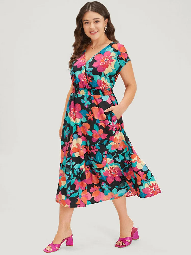 Floral Shirred Overlap Collar Batwing Sleeve Dress sold by Bloomchic product image thumbnail 4