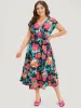 Floral Shirred Overlap Collar Batwing Sleeve Dress sold by Bloomchic
