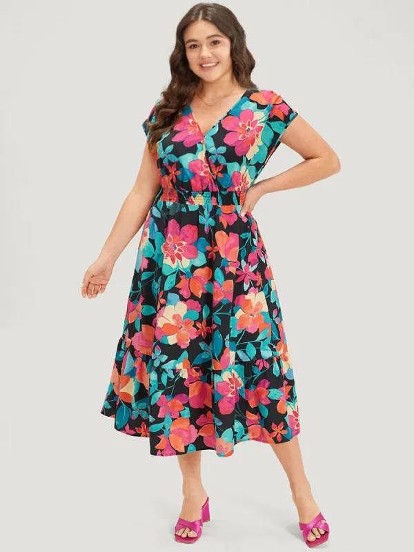 Floral Shirred Overlap Collar Batwing Sleeve Dress sold by Bloomchic