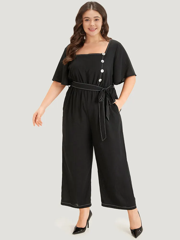Contrast Stitch Pocket Button Detail Belted Zipper Jumpsuit sold by Bloomchic