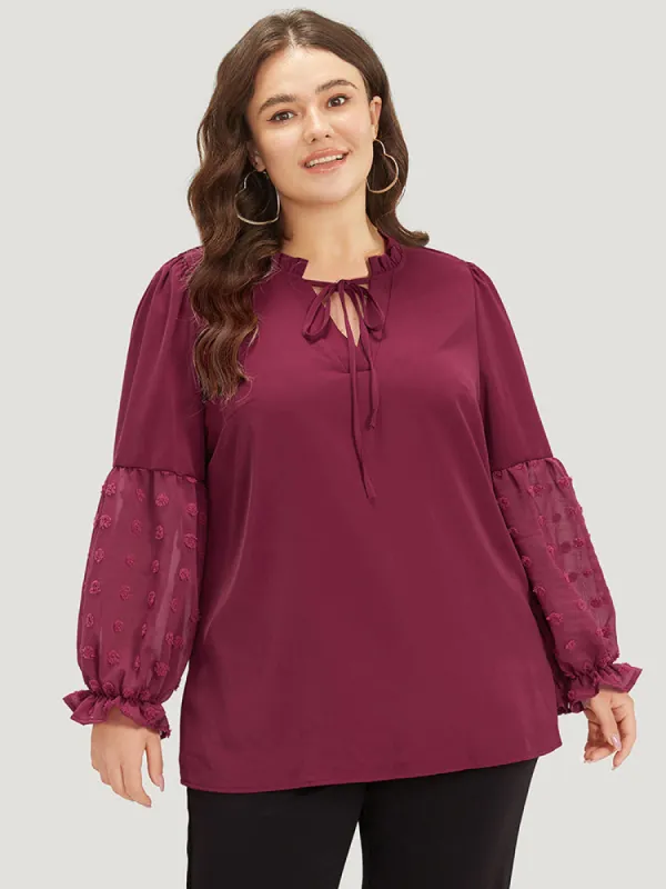 Anti-Wrinkle Plain Knot Neck Frill Trim Lantern Sleeve Blouse sold by Bloomchic