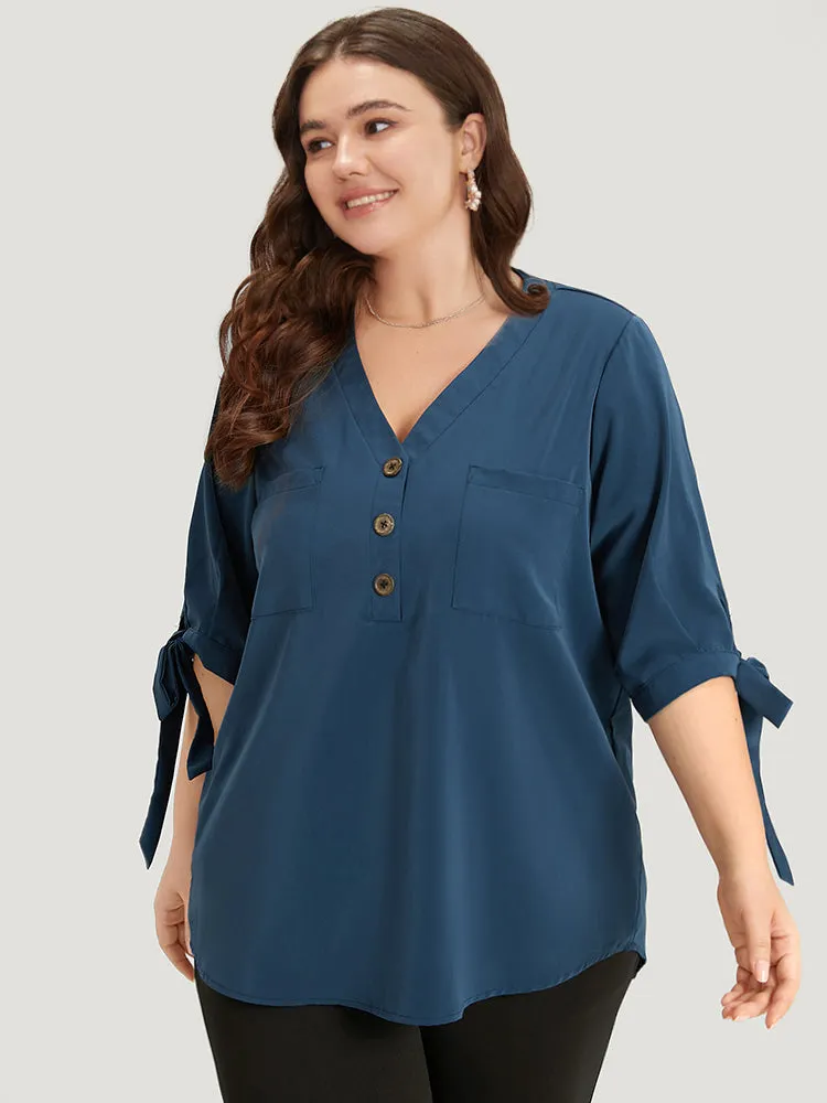 Anti-Wrinkle Plain Button Up Knot V Neck Pocket Blouse sold by Bloomchic product image thumbnail 2