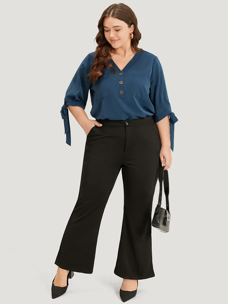 Anti-Wrinkle Plain Button Up Knot V Neck Pocket Blouse sold by Bloomchic product image thumbnail 4