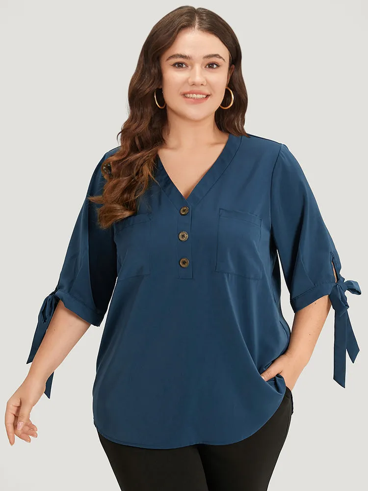 Anti-Wrinkle Plain Button Up Knot V Neck Pocket Blouse sold by Bloomchic
