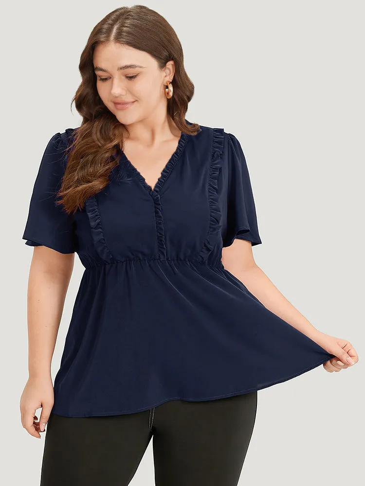 Anti-Wrinkle Plain Frill Trim Flutter Sleeve Blouse sold by Bloomchic product image thumbnail 3