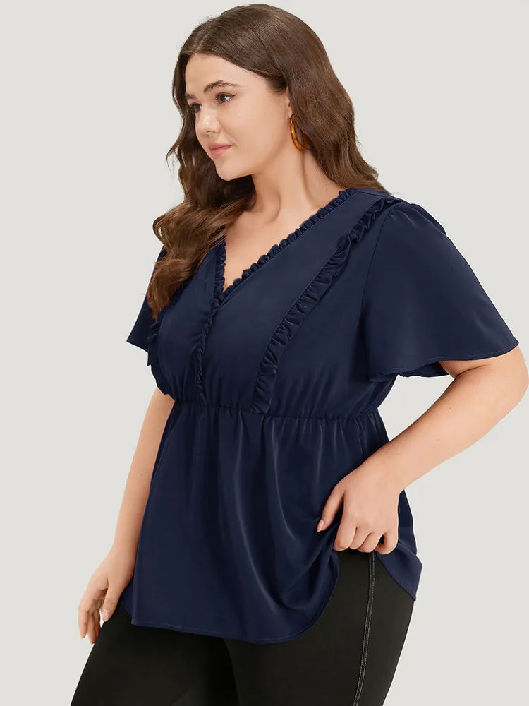 Anti-Wrinkle Plain Frill Trim Flutter Sleeve Blouse sold by Bloomchic product image thumbnail 4