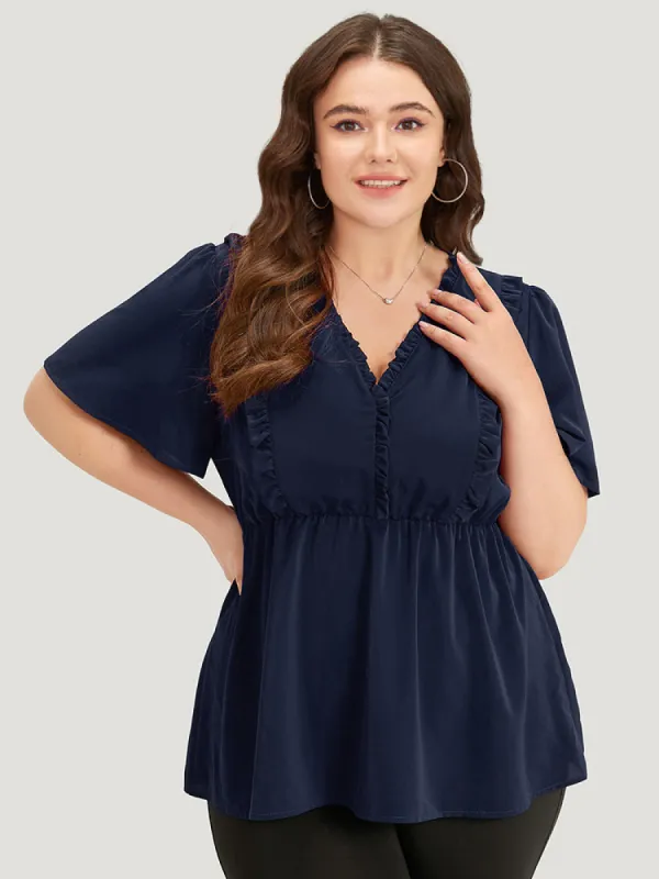Anti-Wrinkle Plain Frill Trim Flutter Sleeve Blouse sold by Bloomchic