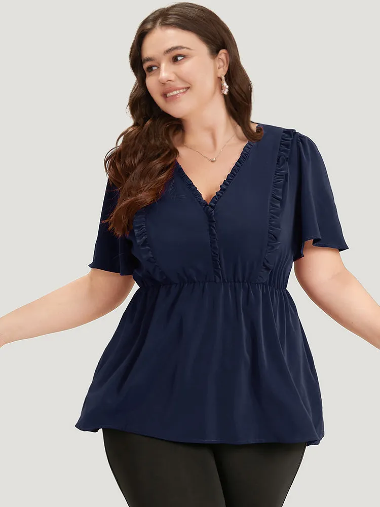 Anti-Wrinkle Plain Frill Trim Flutter Sleeve Blouse sold by Bloomchic product image thumbnail 2