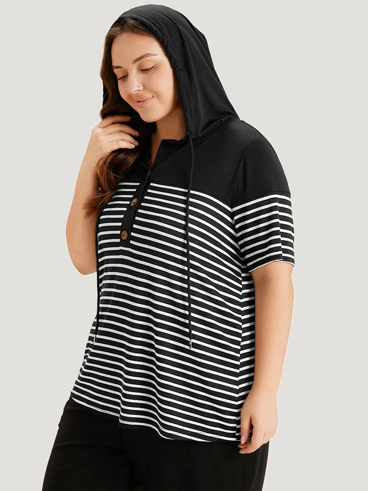 Striped Contrast Drawstring Hooded Button Up T-shirt sold by Bloomchic product image thumbnail 4