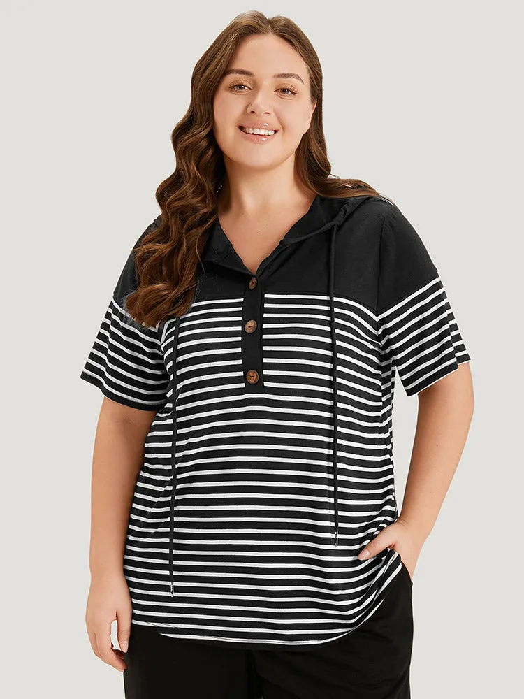 Striped Contrast Drawstring Hooded Button Up T-shirt sold by Bloomchic