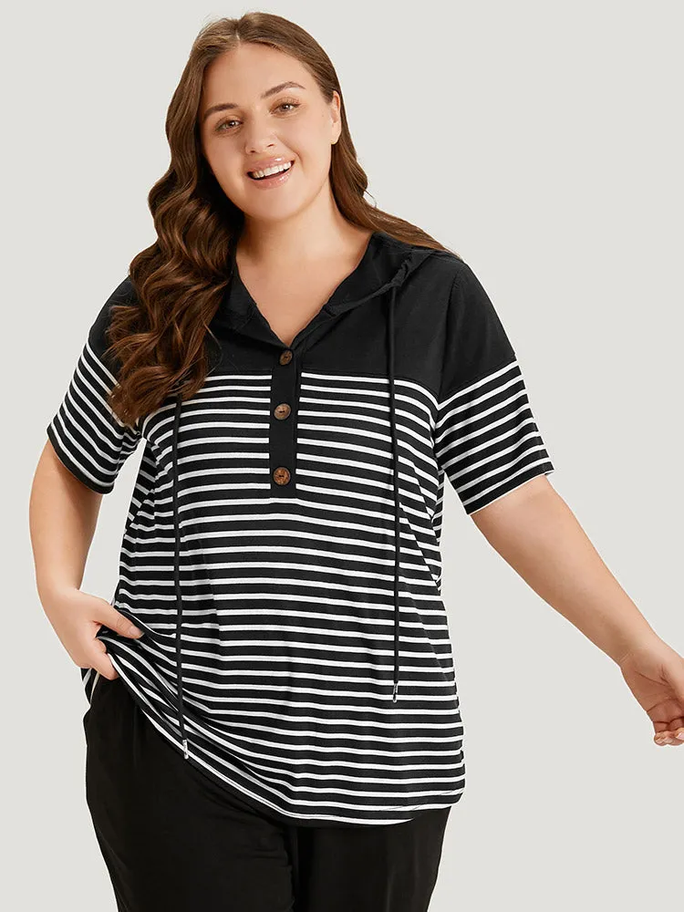 Striped Contrast Drawstring Hooded Button Up T-shirt sold by Bloomchic product image thumbnail 5