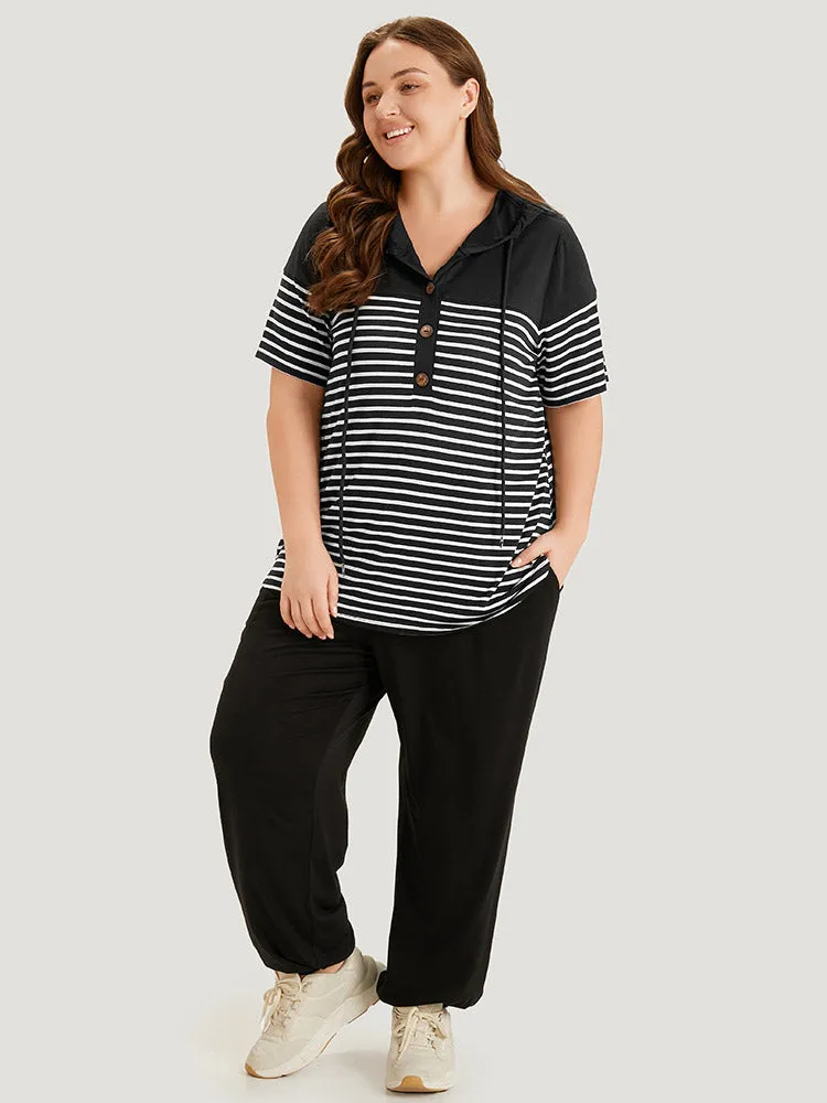 Striped Contrast Drawstring Hooded Button Up T-shirt sold by Bloomchic product image thumbnail 2