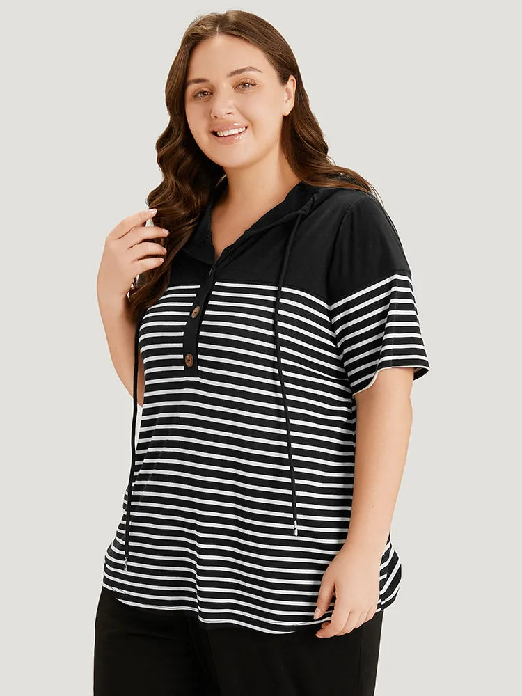 Striped Contrast Drawstring Hooded Button Up T-shirt sold by Bloomchic product image thumbnail 3