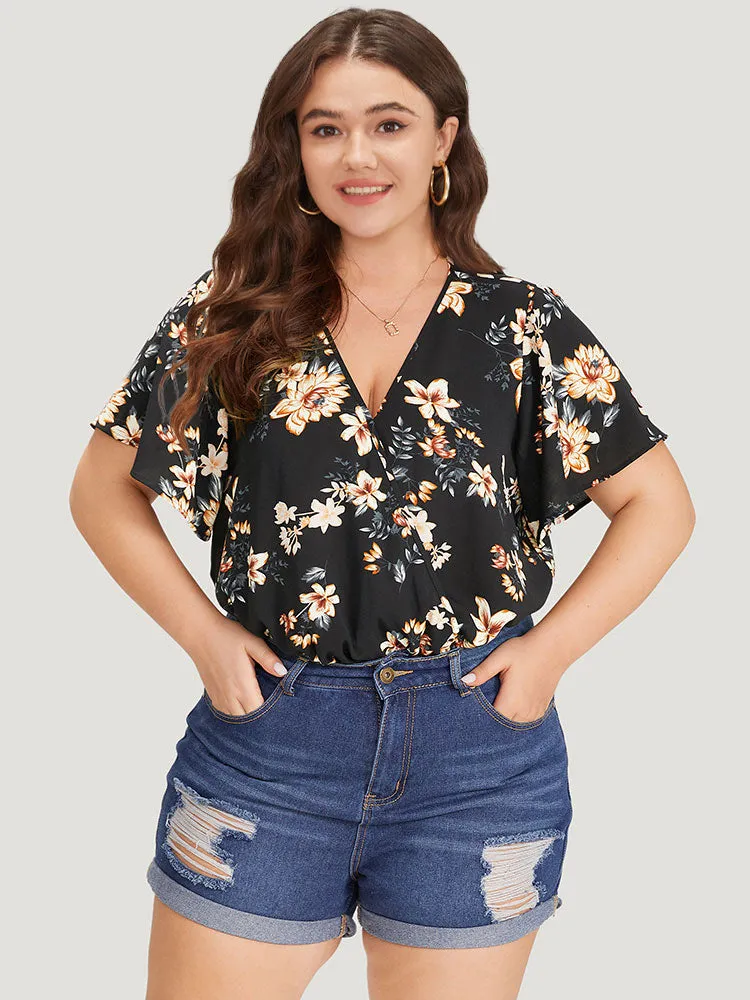 Floral Print Surplice Neck Ruffle Sleeve Bodysuit sold by Bloomchic
