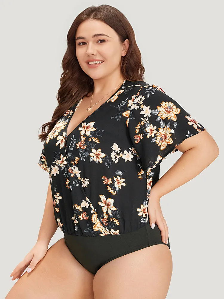 Floral Print Surplice Neck Ruffle Sleeve Bodysuit sold by Bloomchic product image thumbnail 3